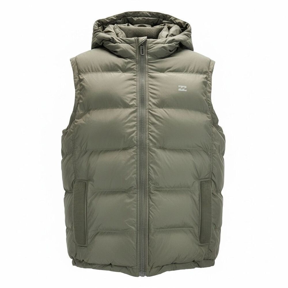 Billabong Olive Green Puffer Vest Hooded Plaid Lined Men’s Large